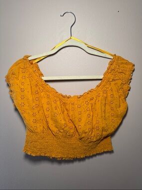 Ten Sixty Sherman Mustard Eyelet Smocked Crop Top